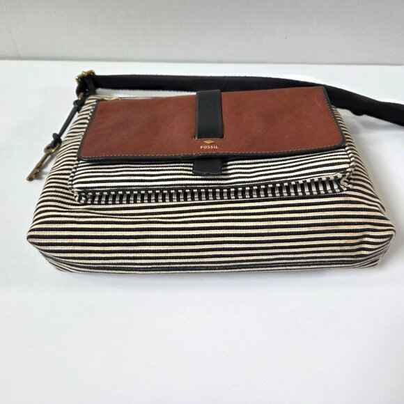 Fossil Purse Kinley Black Striped Canvas Tan Leather Crossbody Bag Boho - Picture 11 of 11